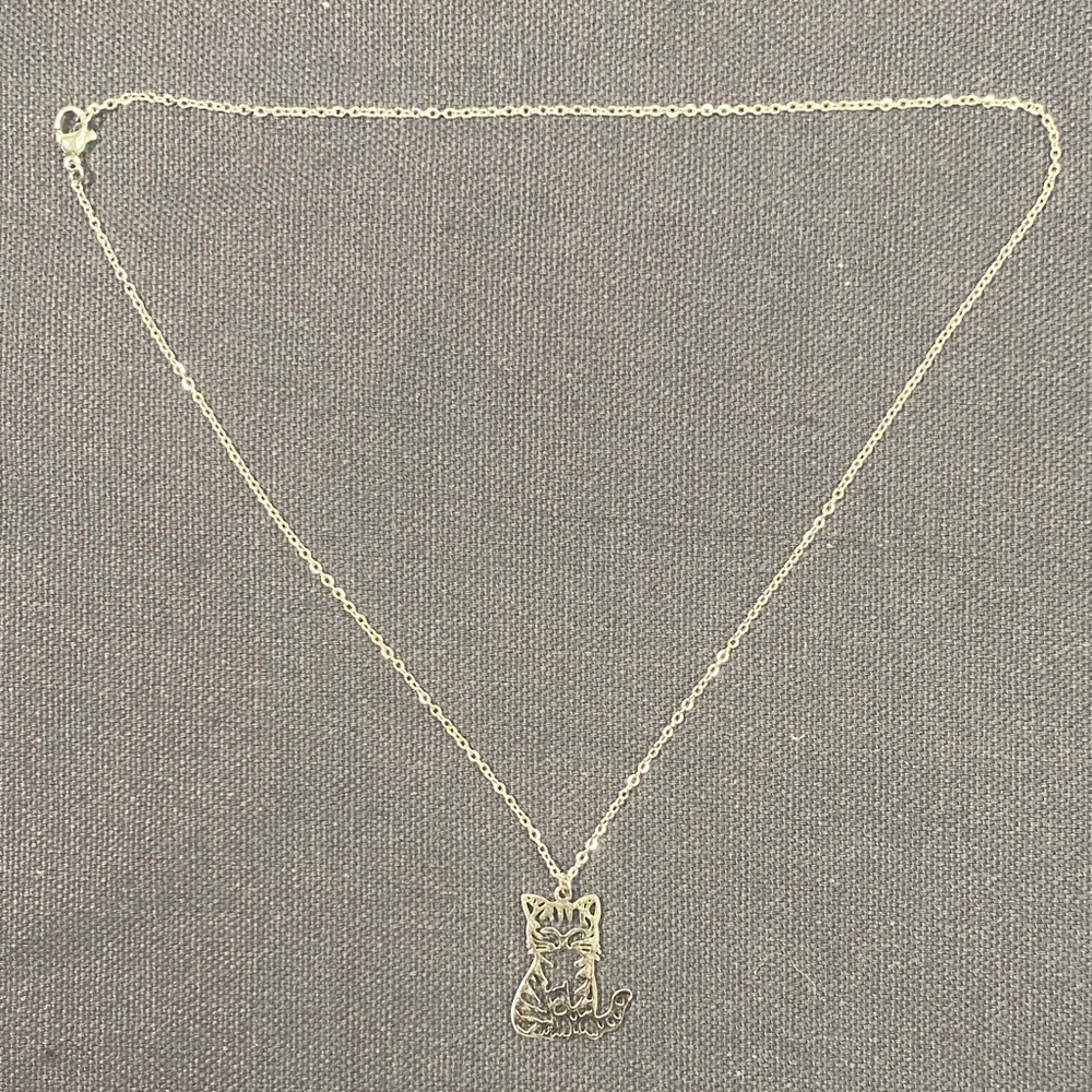 Silver Color Cat Pendant Necklace New Stainless Steel Look Kitty Charm